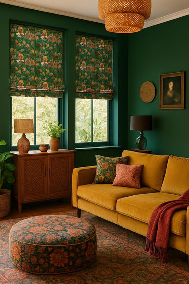 Interior with Roman blinds made from Regalia Emerald Green cotton fabric featuring Mughal-inspired motifs. Luxurious deep green walls and mustard velvet sofa enhance the rich pattern with royal figures, animals, and domes. Handcrafted window treatments highlight the elegant print, perfect for made-to-measure curtains or blinds. An inviting blend of vintage Indian style and modern bohemian decor